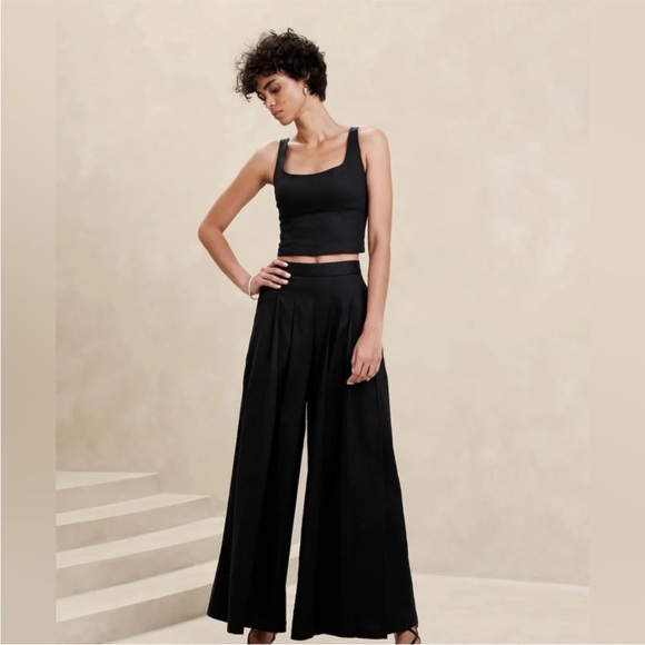 BANANA REPUBLIC Black Linen-Blend Palazzo Pant | Glam Dress Pant Office Party - Picture 4 of 4